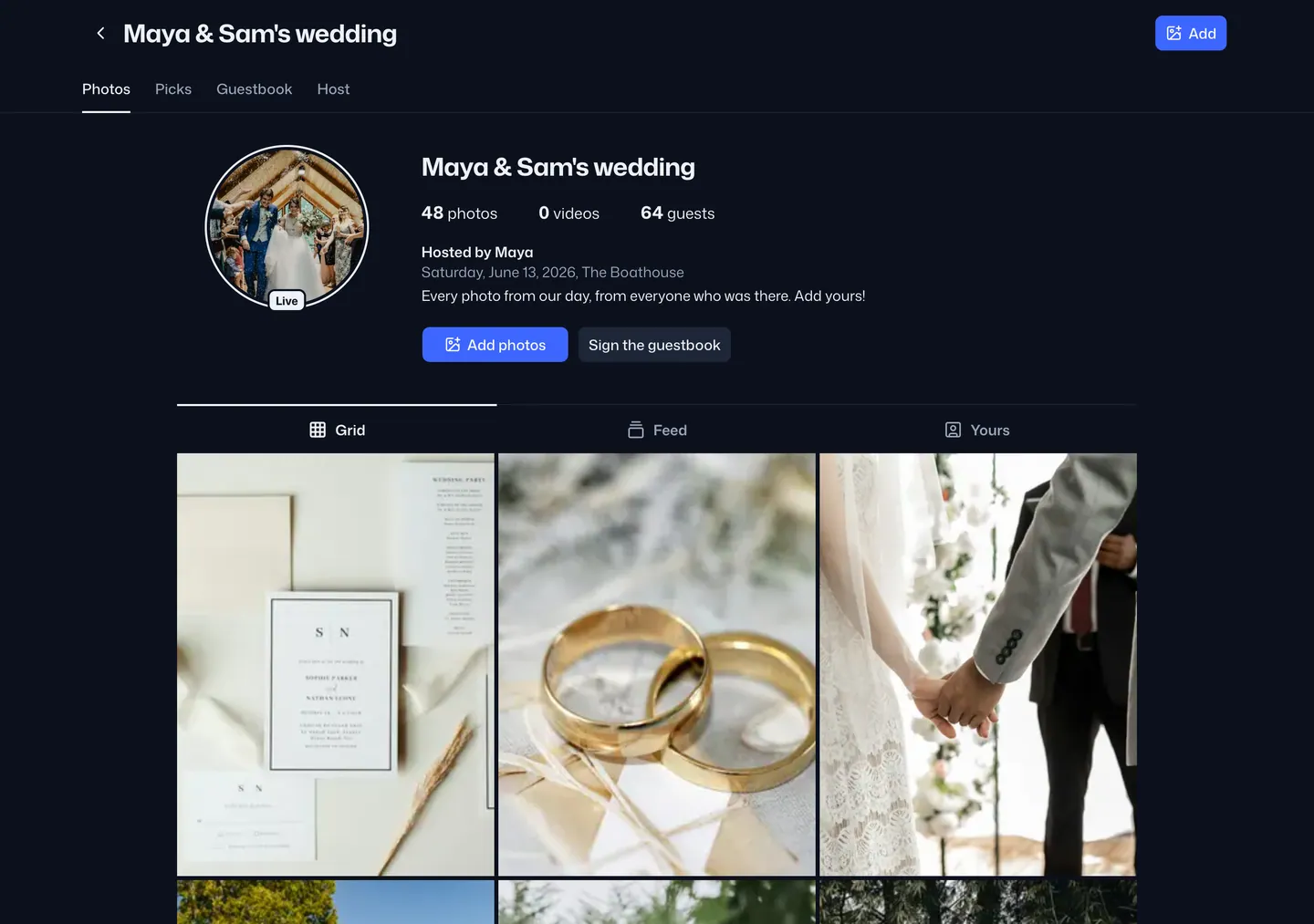 The demo wedding album: a profile header with 48 photos and 64 guests, over a grid of photos.