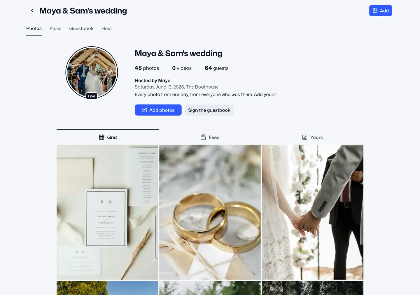 The demo wedding album: a profile header with 48 photos and 64 guests, over a grid of photos.
