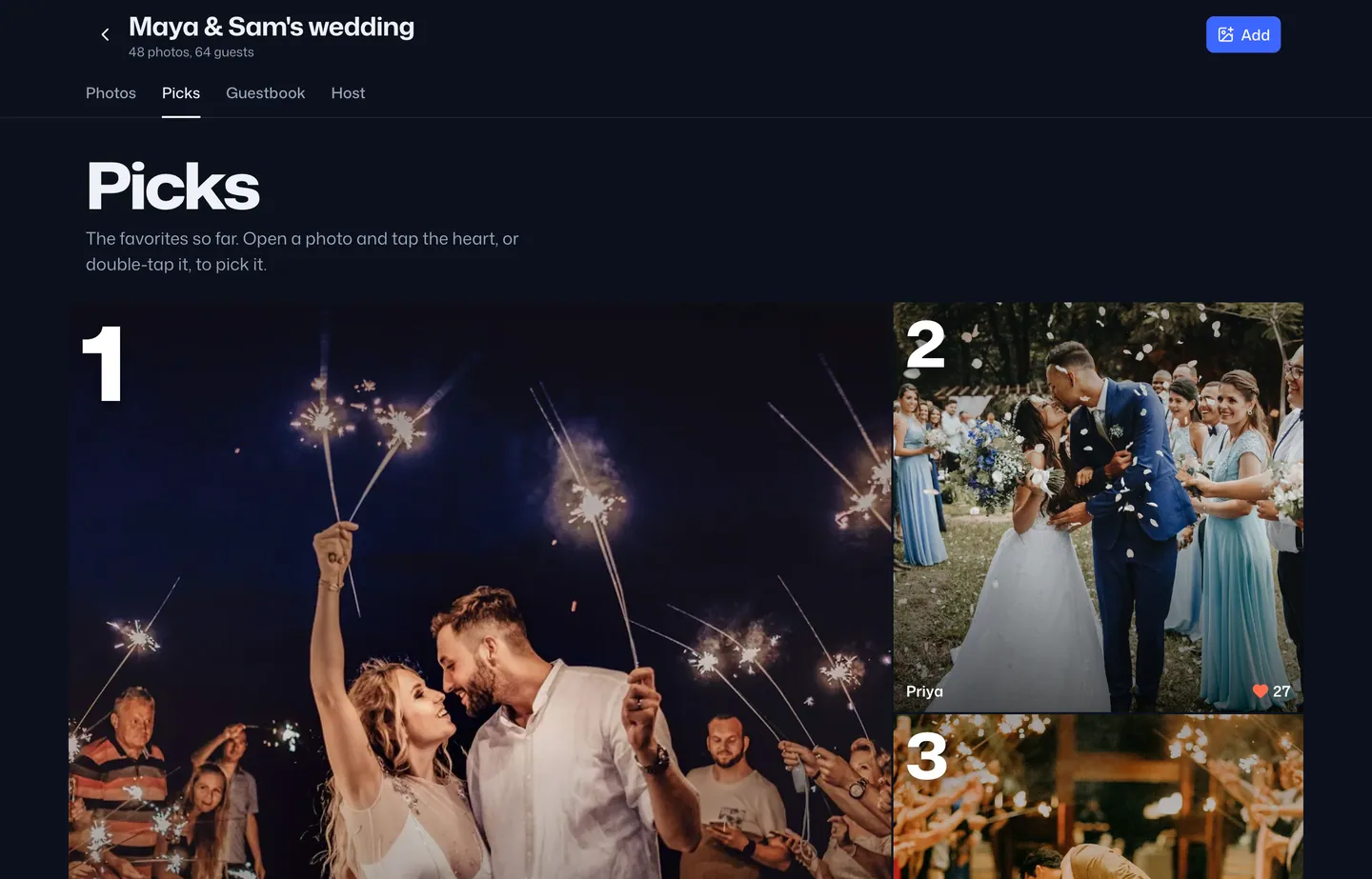 The picks page, with the three most-picked photos numbered 1, 2 and 3.