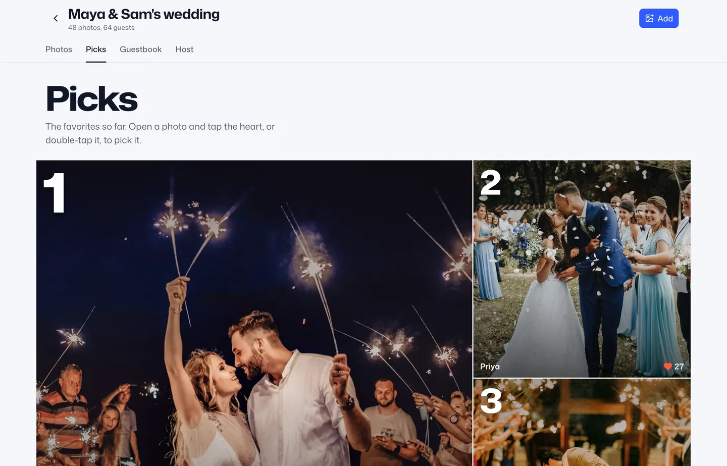 The picks page, with the three most-picked photos numbered 1, 2 and 3.
