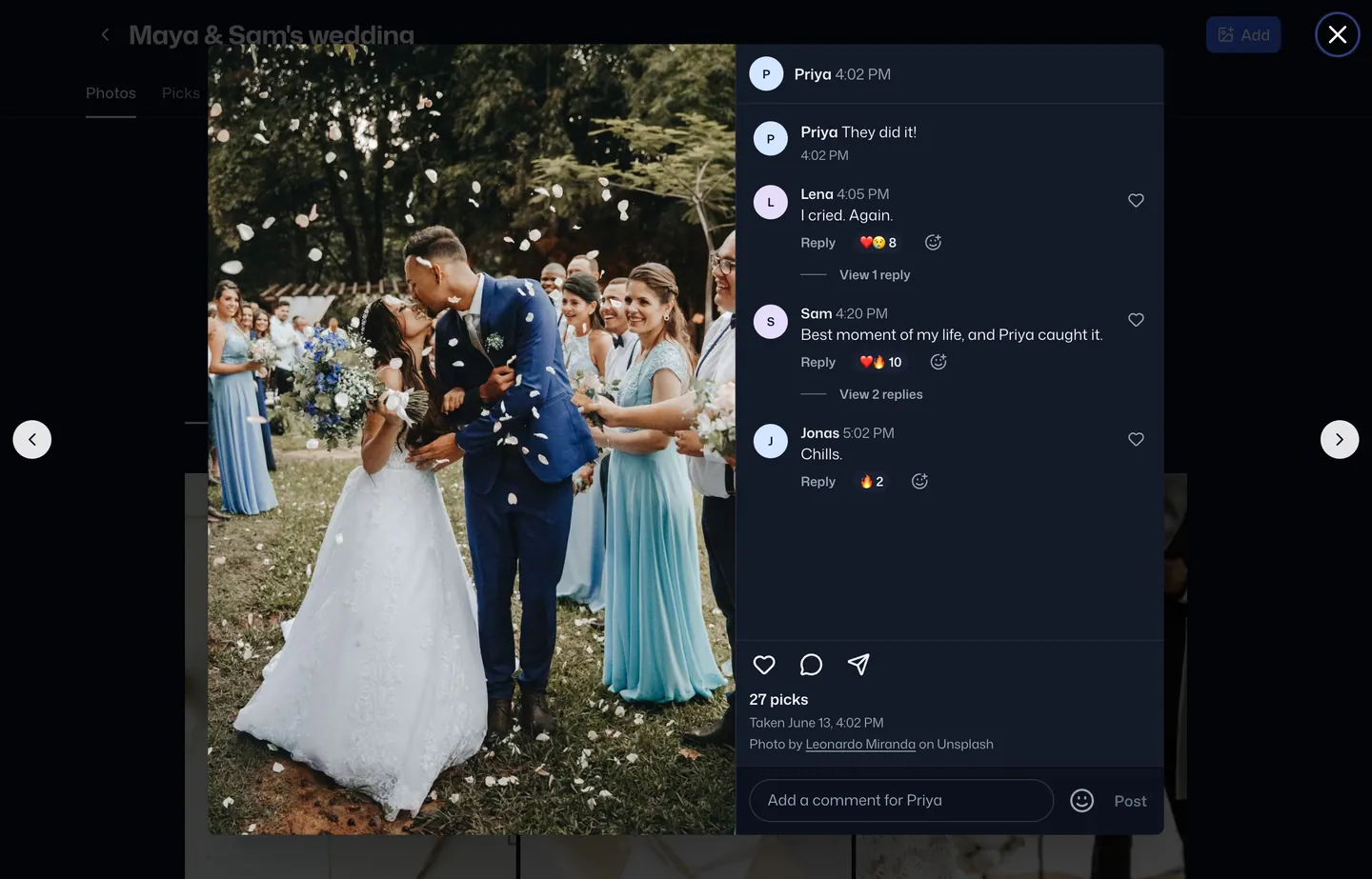 A photo of the couple's kiss with 27 picks, comments and emoji reactions.