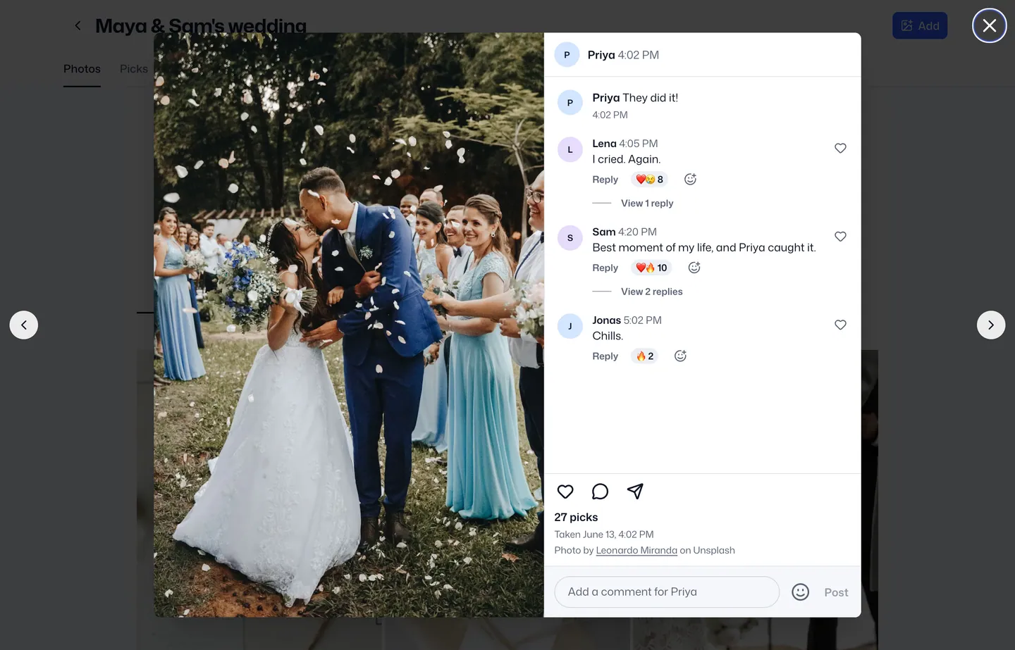 A photo of the couple's kiss with 27 picks, comments and emoji reactions.
